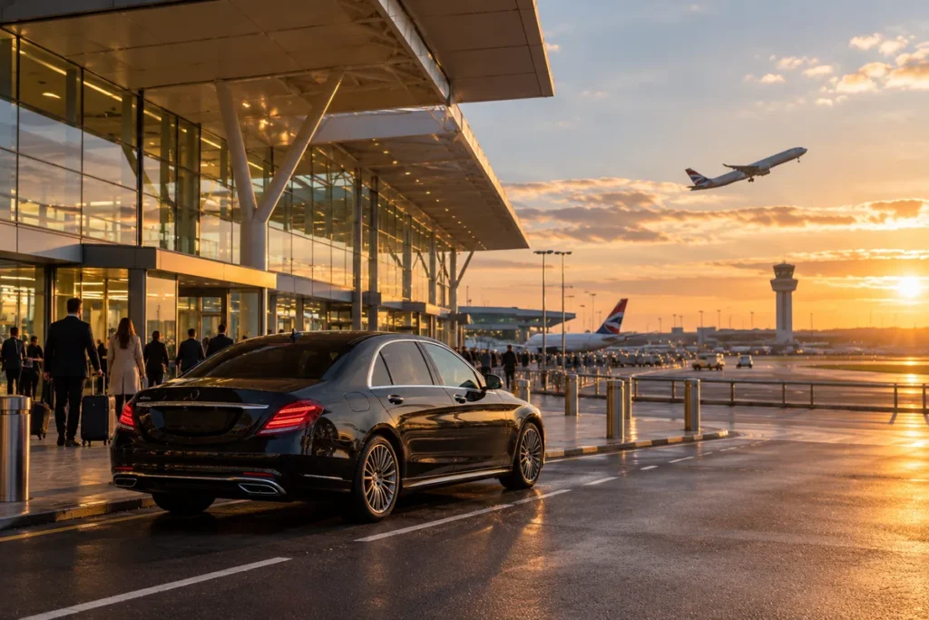 Chauffeur-driven black saloon waiting outside a London airport terminal at sunset as a plane takes off