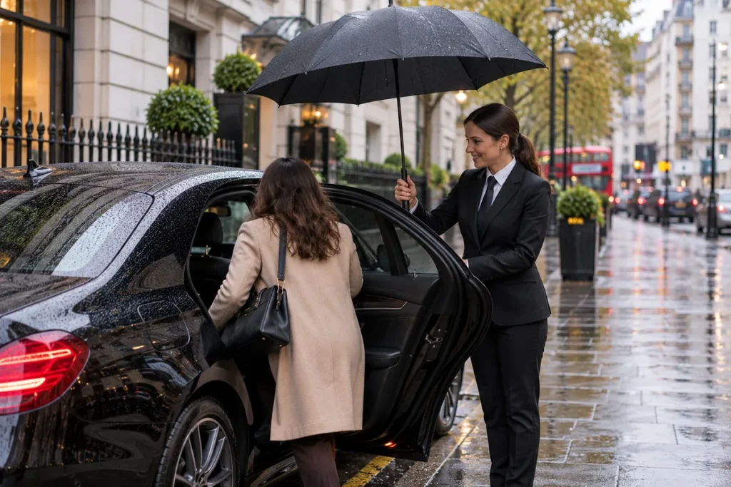 Chauffeur holding an umbrella as a passenger gets into a black saloon on a rainy street, ready for an airport transfer