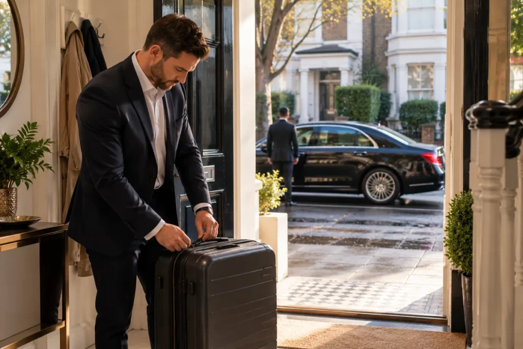 Driver lifting a passenger's suitcase at the front door, with a black saloon waiting outside for a Stansted Airport transfer