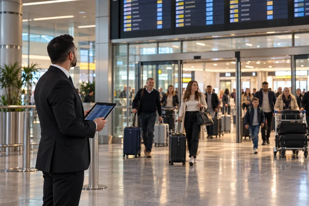 Driver checking a flight's arrival time on a tablet in an airport arrivals hall