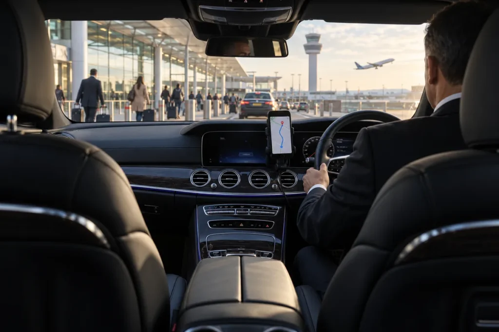 View from the back seat of a black saloon at an airport terminal, with the driver's phone in a dashboard holder
