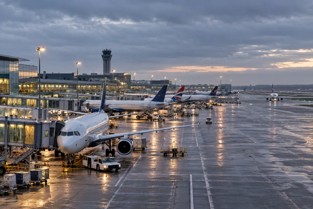 Planes parked at airport gates under a cloudy evening sky