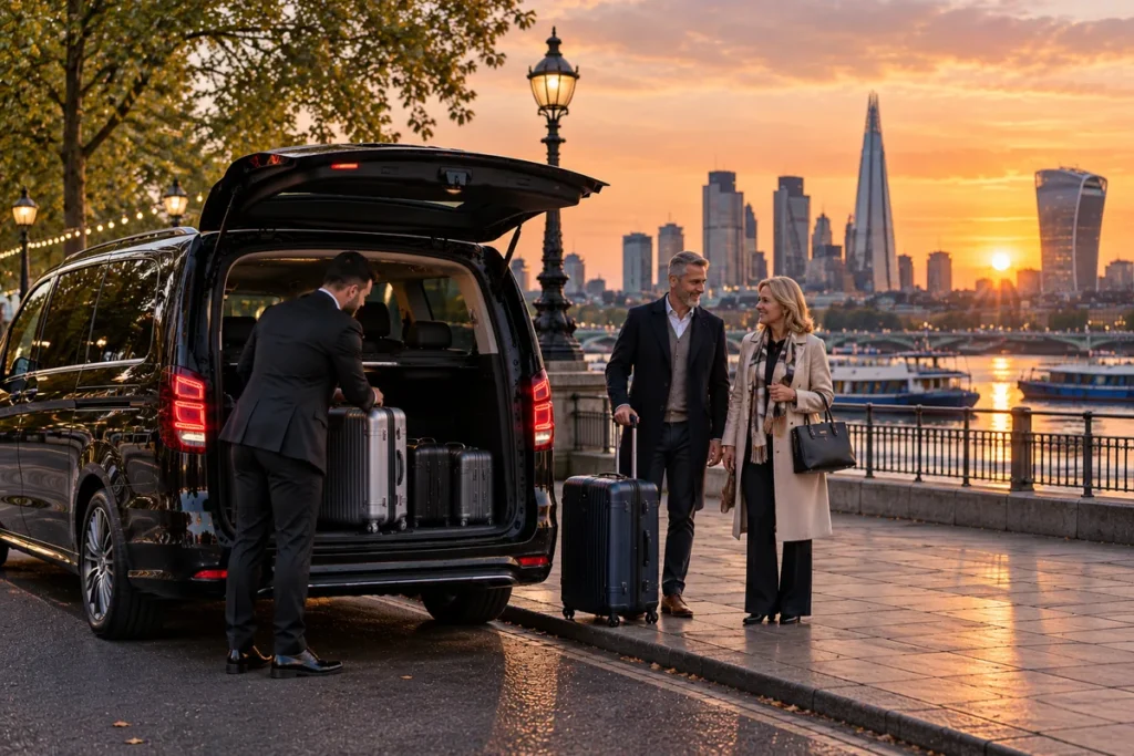 Driver loading luggage into a people carrier beside the Thames, with the London skyline at sunset