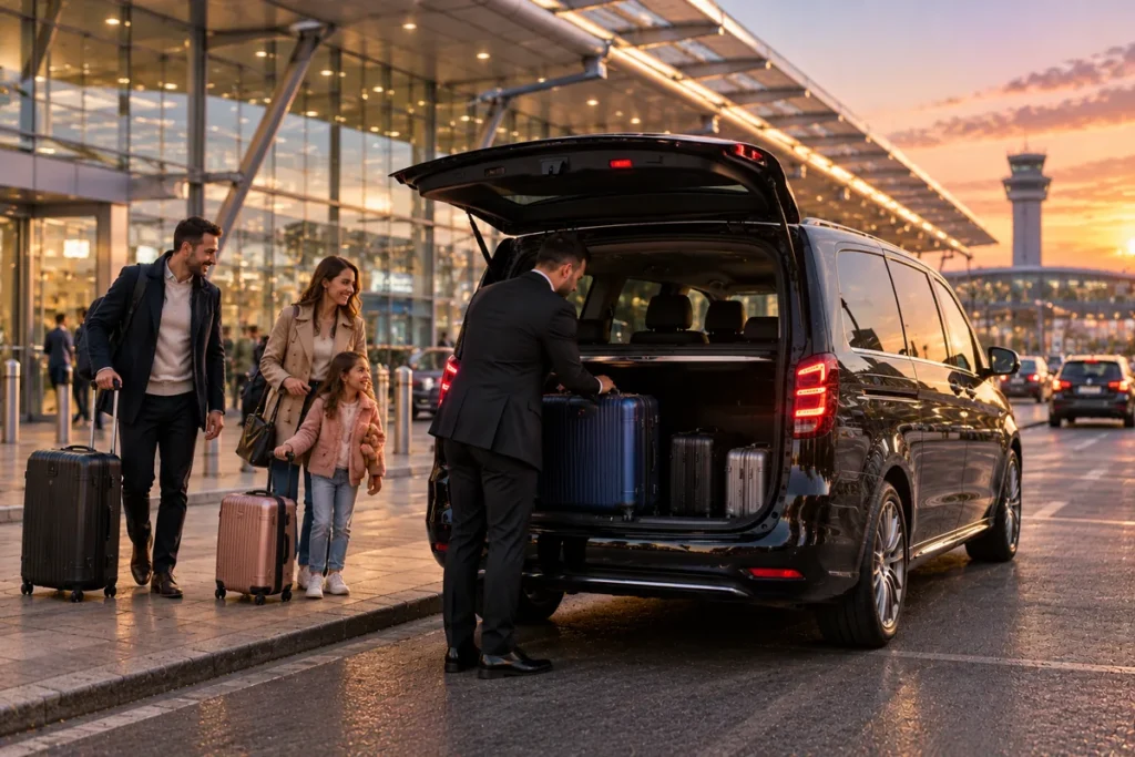 Family with suitcases beside a people carrier at the terminal kerb while the driver loads their bags