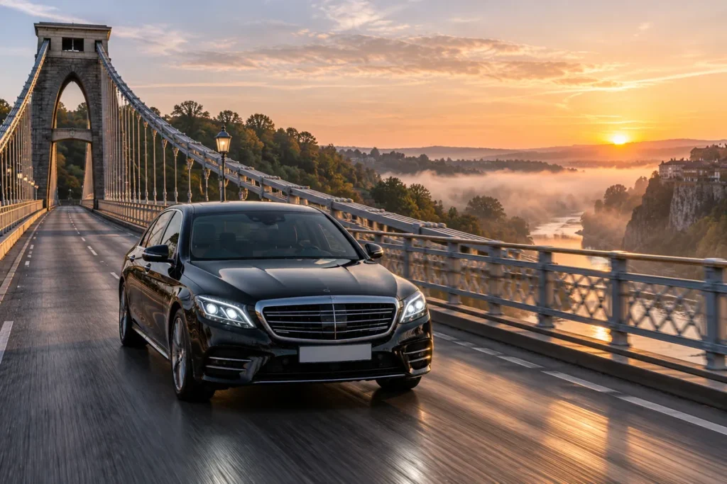 Black saloon crossing Bristol's Clifton Suspension Bridge at sunrise