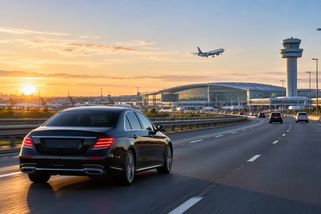 Black saloon on the motorway heading towards an airport terminal and control tower at sunset