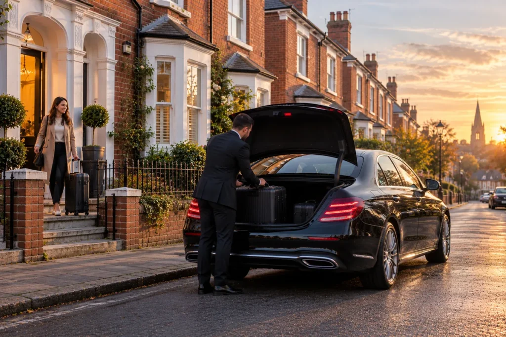 Driver loading suitcases into a black saloon on a terraced street as the passenger leaves home at sunrise
