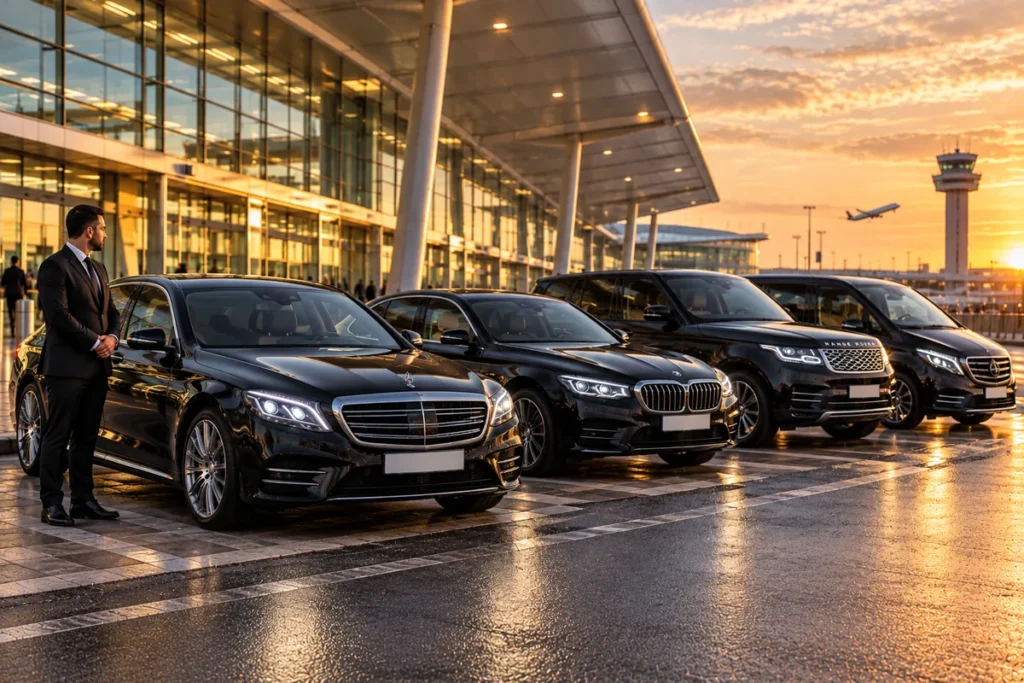 Chauffeur cars and people carriers lined up at an airport terminal at sunset