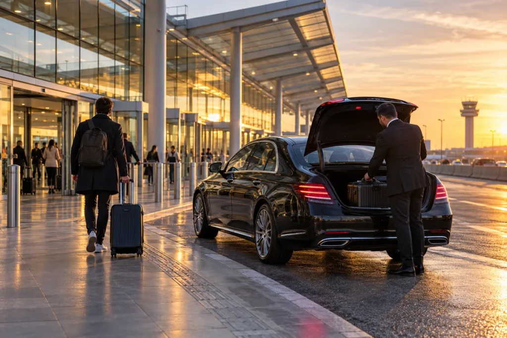 Driver loading luggage into a black saloon at the terminal kerb as a passenger heads inside