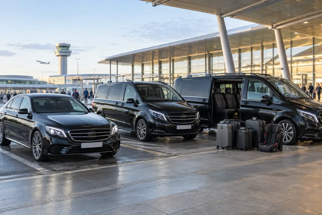 Saloon and two people carriers at an airport kerb with suitcases and a child seat