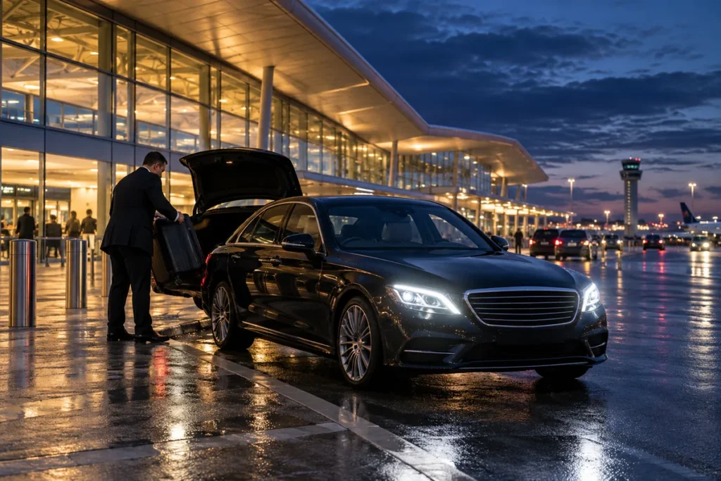 Driver loading a suitcase into a black saloon outside an airport terminal at night