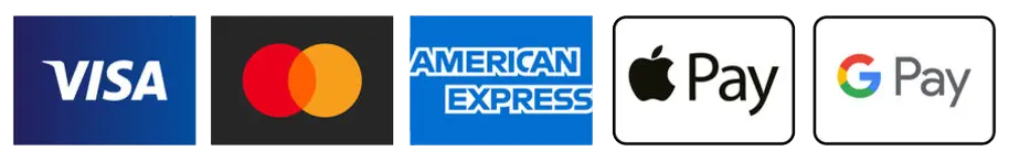 Visa, Mastercard, American Express, Apple Pay and Google Pay accepted